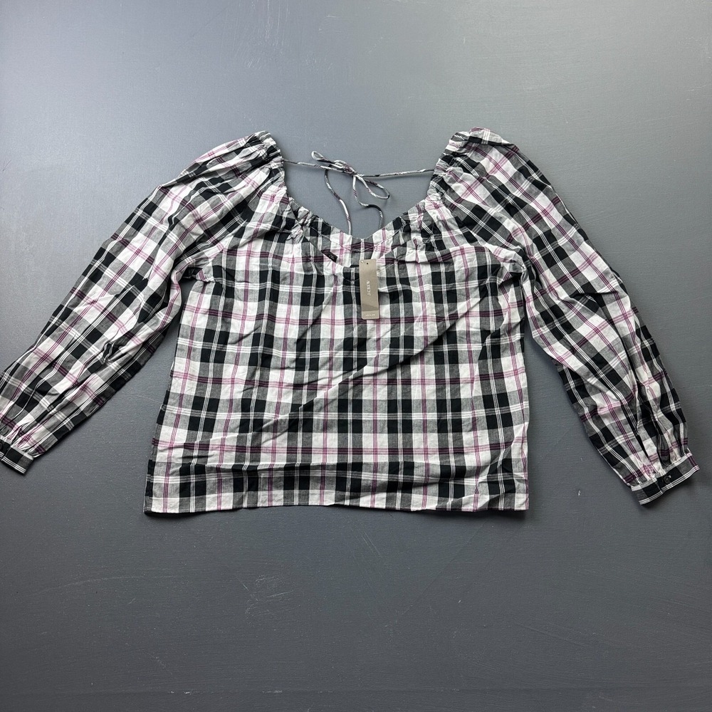 J.Crew Womens S Black White Pink Plaid Peasant Blouse Long Sleeve Casual Top NWT